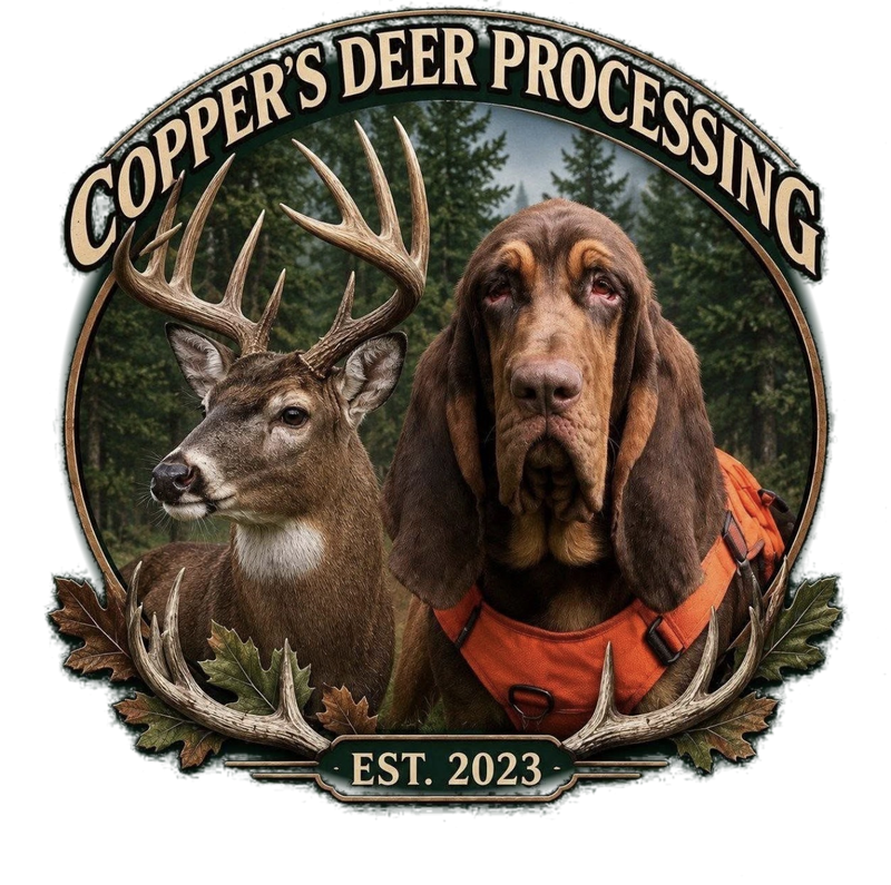 Copper's Deer Processing logo: a whitetail buck and a bloodhound in an orange harness inside a bronze ring