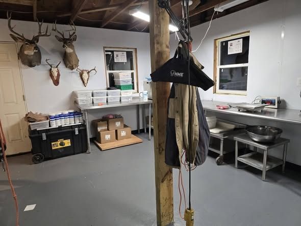 Mounted deer heads and skull mounts on the wall above supply bins and boxes, with a stainless-steel table to the right